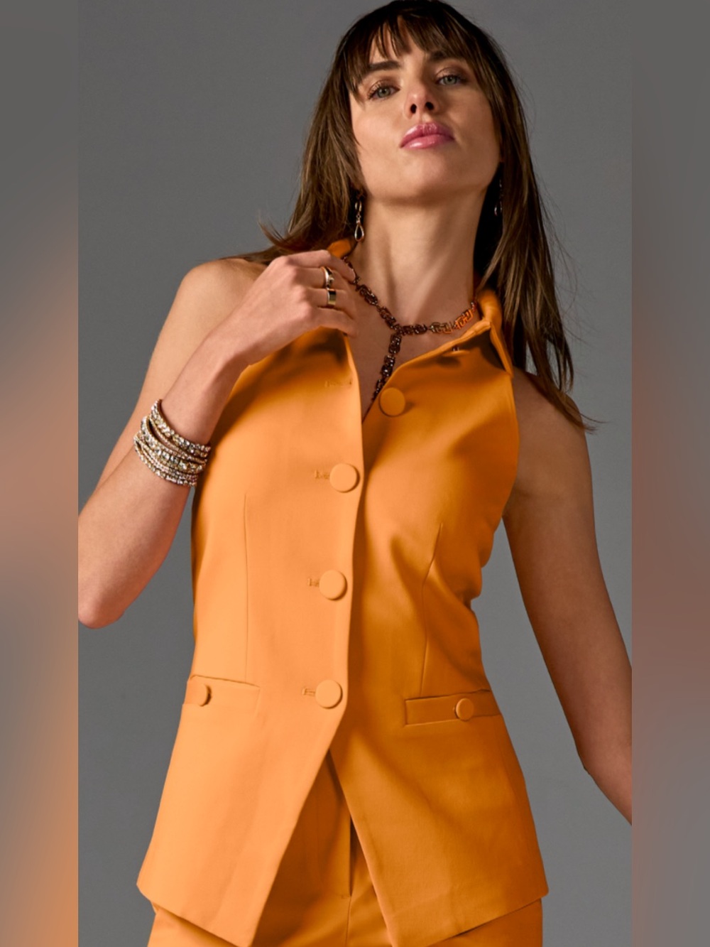 Boston Proper Peach-Orange Sleeveless Button Vest Top & Tailored Trousers
